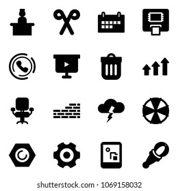 Solid vector icon set - recieptionist vector, santa stick, schedule, atm, phone horn, presentation board, trash bin, arrows up, office chair, brick wall, storm, parasol, nut, gear, game console