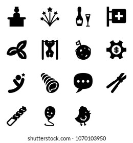 Solid vector icon set - recieptionist vector, firework, wine, first aid room, three leafs, pull ups, moon flag, money managemet, flying man, shell, chat, bolt cutter, drill, balloon smile