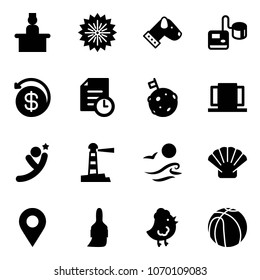 Solid vector icon set - recieptionist vector, firework, dog, tonometer, money back, history, moon flag, doors, flying man, lighthouse, waves, shell, navigation pin, brush, chicken toy, basketball