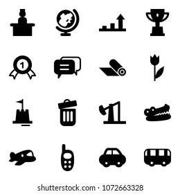 Solid vector icon set - recieptionist vector, globe, growth arrow, win cup, gold medal, dialog, mat, tulip, sand castle, trash bin, oil derrick, crocodile, plane toy, phone, car, bus