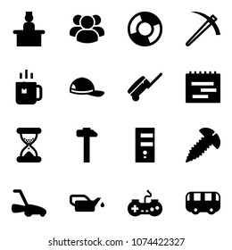 Solid vector icon set - recieptionist vector, group, circle chart, job, green tea, cap, suitcase, terms plan, sand clock, hammer, server, screw, lawn mower, oiler, gamepad, toy bus