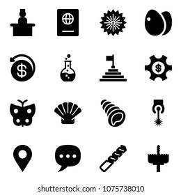 Solid vector icon set - recieptionist vector, passport, firework, eggs, money back, round flask, pyramid flag, managemet, butterfly, shell, laser, navigation pin, chat, drill, crown