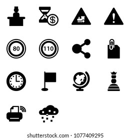 Solid vector icon set - recieptionist vector, account history, railway intersection road sign, attention, speed limit 80, 110, share, attachment, time, flag, globe, chess queen, printer wireless