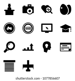 Solid vector icon set - recieptionist vector, camera, heart diagnosis, eggs, no moto road sign, customs, monitor cursor, graduate hat, magnifier, growth arrow, head bulb, schedule, jalousie