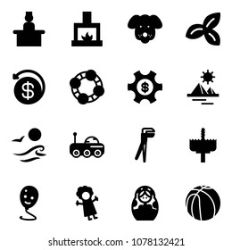 Solid vector icon set - recieptionist vector, fireplace, dog, three leafs, money back, friends, managemet, pyramid, waves, moon rover, plumber, crown drill, balloon smile, doll, russian, basketball