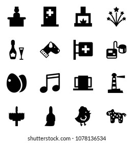 Solid vector icon set - recieptionist vector, first aid room, fireplace, firework, wine, dog, tonometer, eggs, music, doors, lighthouse, crown drill, brush, chicken toy, horse