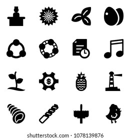 Solid vector icon set - recieptionist vector, firework, three leafs, eggs, social, friends, history, music, sproute, money managemet, pineapple, lighthouse, shell, drill, crown, chicken toy