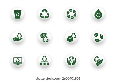 Solid vector icon set with recycling, environmental protection, recycled products, reuse symbols.
