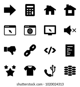 Solid vector icon set - right arrow vector, calculator, home, cursor browser, globe, monitor, volume off, dislike, link, tag code, document, stars, t shirt, phone, carbon