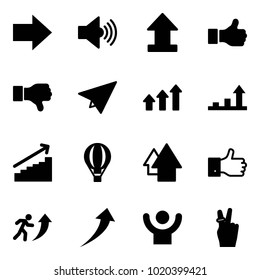 Solid vector icon set - right arrow vector, volume max, uplooad, like, dislike, paper plane, arrows up, growth, air balloon, finger, career, success, victory