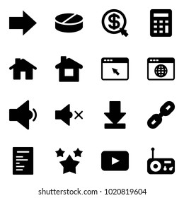 Solid vector icon set - right arrow vector, pill, money click, calculator, home, cursor browser, globe, low volume, off, download, link, document, stars, playback, radio