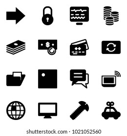 Solid vector icon set - right arrow vector, lock, diagnostic monitor, coin, dollar, cash, credit card, exchange, folder, chat, notebook wi fi, globe, screw, car toy