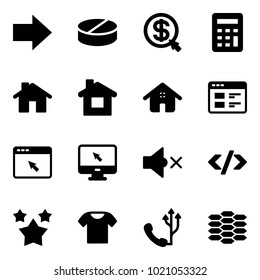 Solid vector icon set - right arrow vector, pill, money click, calculator, home, website, cursor browser, monitor, volume off, tag code, stars, t shirt, phone, carbon