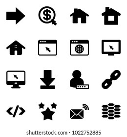 Solid vector icon set - right arrow vector, money click, home, cursor browser, globe, monitor, download, user password, link, tag code, stars, wireless mail, carbon