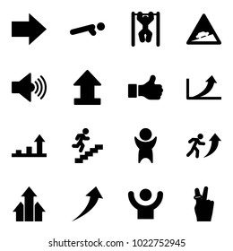Solid vector icon set - right arrow vector, push ups, pull, climb road sign, volume max, uplooad, like, growth, career, success, arrows up, victory