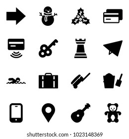 Solid vector icon set - right arrow vector, snowman, holly, credit card, tap pay, key, chess tower, paper fly, swimming, suitcase, bucket scoop, mobile phone, navigation pin, guitar, bear toy