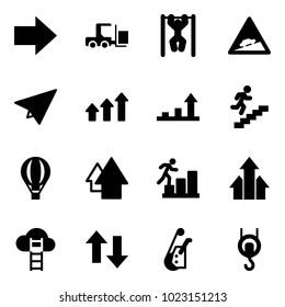 Solid vector icon set - right arrow vector, fork loader, pull ups, climb road sign, paper plane, arrows up, growth, career, air balloon, cloud ladder, down, winch
