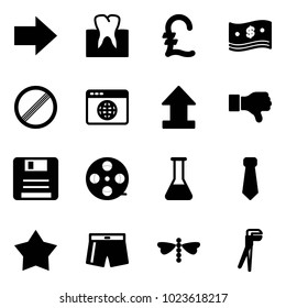Solid vector icon set - right arrow vector, tooth, pound, cash, no limit road sign, browser globe, uplooad, dislike, save, film coil, flask, tie, star medal, swimsuit, dragonfly, plumber