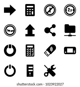 Solid vector icon set - right arrow vector, calculator, no parkin odd, limited width road sign, cart horse, uplooad, share, network folder, standby, usb wi fi, game console, button, server