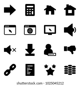 Solid vector icon set - right arrow vector, calculator, home, cursor browser, globe, monitor, low volume, off, download, user password, dislike, link, document, stars, carbon