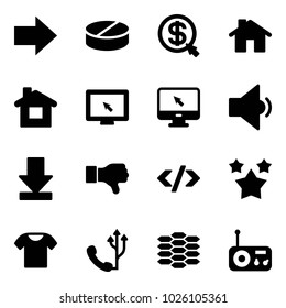 Solid vector icon set - right arrow vector, pill, money click, home, monitor cursor, low volume, download, dislike, tag code, stars, t shirt, phone, carbon, radio