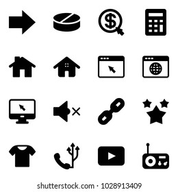 Solid vector icon set - right arrow vector, pill, money click, calculator, home, cursor browser, globe, monitor, volume off, link, stars, t shirt, phone, playback, radio