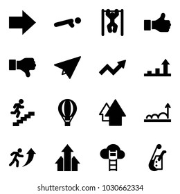 Solid vector icon set - right arrow vector, push ups, pull, like, dislike, paper plane, growth, career, air balloon, up, arrows, cloud ladder, winch