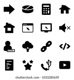 Solid vector icon set - right arrow vector, pill, calculator, home, cursor browser, monitor, volume off, user password, upload cloud, link, tag code, document, stars, phone, playback