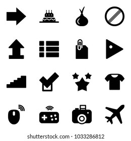 Solid vector icon set - right arrow vector, cake, onion, no limit road sign, uplooad, menu, attachment, play, stairs, check, stars, t shirt, mouse wireless, joystick, camera, plane