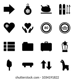 Solid vector icon set - right arrow vector, christmas ball, turkey, ski, heart, care, speed limit 80 road sign, tax peage, menu, folder, case, award, ice cream, skateboard, up down arrows