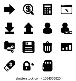 Solid vector icon set - right arrow vector, money click, calculator, cursor browser, download, uplooad, user, password, shared folder, save, trash bin, statistics, usb wi fi, wireless lock