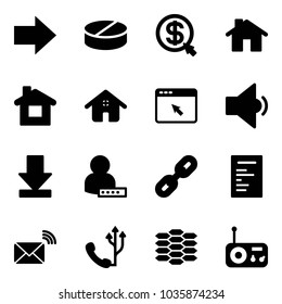 Solid vector icon set - right arrow vector, pill, money click, home, cursor browser, low volume, download, user password, link, document, wireless mail, phone, carbon, radio