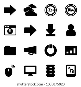 Solid vector icon set - right arrow vector, clouds, limited width road sign, no truck overtake, browser globe, download, user, folder, loudspeaker, standby, statistics, mouse wireless, monitor, chip