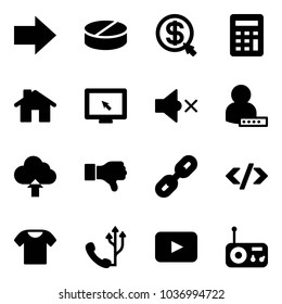 Solid vector icon set - right arrow vector, pill, money click, calculator, home, monitor cursor, volume off, user password, upload cloud, dislike, link, tag code, t shirt, phone, playback, radio