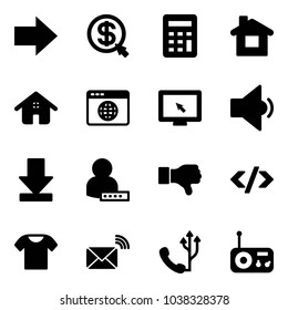 Solid vector icon set - right arrow vector, money click, calculator, home, browser globe, monitor cursor, low volume, download, user password, dislike, tag code, t shirt, wireless mail, phone, radio