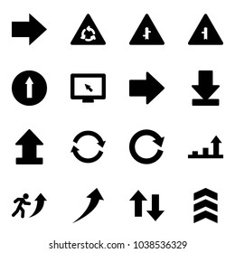 Solid vector icon set - right arrow vector, round motion road sign, intersection, only forward, monitor cursor, download, uplooad, refresh, reload, growth, career, up down arrows, chevron