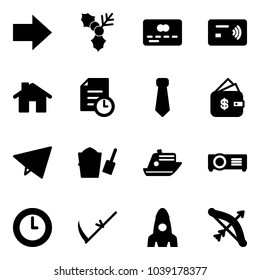 Solid vector icon set - right arrow vector, holly, credit card, tap pay, home, history, tie, finance management, paper fly, bucket scoop, cruiser, projector, clock, scythe, rocket, bow