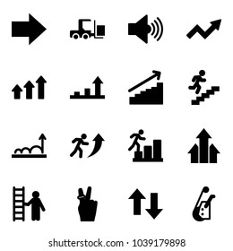 Solid vector icon set - right arrow vector, fork loader, volume max, growth, arrows up, career, opportunity, victory, down, winch