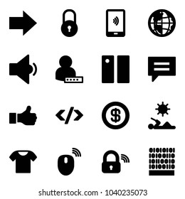 Solid vector icon set - right arrow vector, lock, mobile payment, globe, low volume, user password, pause, chat, like, tag code, dollar, reading, t shirt, mouse wireless, binary