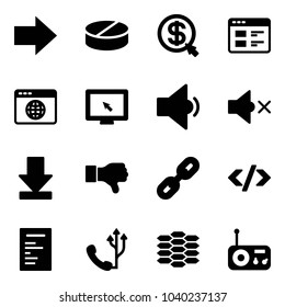 Solid vector icon set - right arrow vector, pill, money click, website, browser globe, monitor cursor, low volume, off, download, dislike, link, tag code, document, phone, carbon, radio