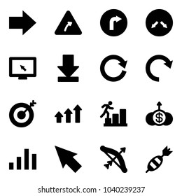 Solid Vector Icon Set - Right Arrow Vector, Turn Road Sign, Only, Detour, Monitor Cursor, Download, Reload, Redo, Target, Arrows Up, Career, Dollar Growth, Chart, Bow, Dart