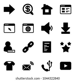 Solid vector icon set - right arrow vector, money click, home, website, cursor browser, globe, low volume, download, user password, link, document, stars, t shirt, wireless mail, phone, playback