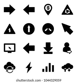 Solid vector icon set - right arrow vector, left, dollar pin, round motion road sign, intersection, only forward, detour, cursor, monitor, download, user login, refresh cloud, lightning, chart