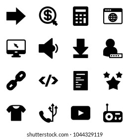 Solid vector icon set - right arrow vector, money click, calculator, browser globe, monitor cursor, low volume, download, user password, link, tag code, document, stars, t shirt, phone, playback