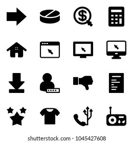 Solid vector icon set - right arrow vector, pill, money click, calculator, home, cursor browser, monitor, download, user password, dislike, document, stars, t shirt, phone, radio