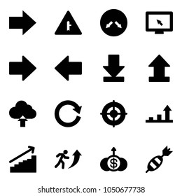 Solid Vector Icon Set - Right Arrow Vector, Intersection Road Sign, Detour, Monitor Cursor, Left, Download, Uplooad, Upload Cloud, Reload, Target, Growth, Career, Dollar, Dart