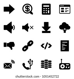 Solid vector icon set - right arrow vector, money click, calculator, website, low volume, off, download, upload cloud, dislike, link, tag code, document, wireless mail, phone, carbon, radio