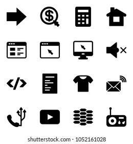 Solid vector icon set - right arrow vector, money click, calculator, home, website, cursor browser, monitor, volume off, tag code, document, t shirt, wireless mail, phone, playback, carbon, radio