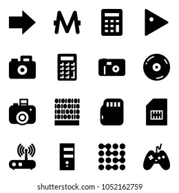 Solid vector icon set - right arrow vector, monero, calculator, play, camera, photo, cd, binary code, micro flash card, sim, wi fi router, server, circuit, joystick