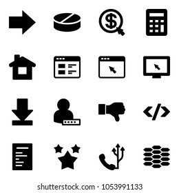 Solid vector icon set - right arrow vector, pill, money click, calculator, home, website, cursor browser, monitor, download, user password, dislike, tag code, document, stars, phone, carbon